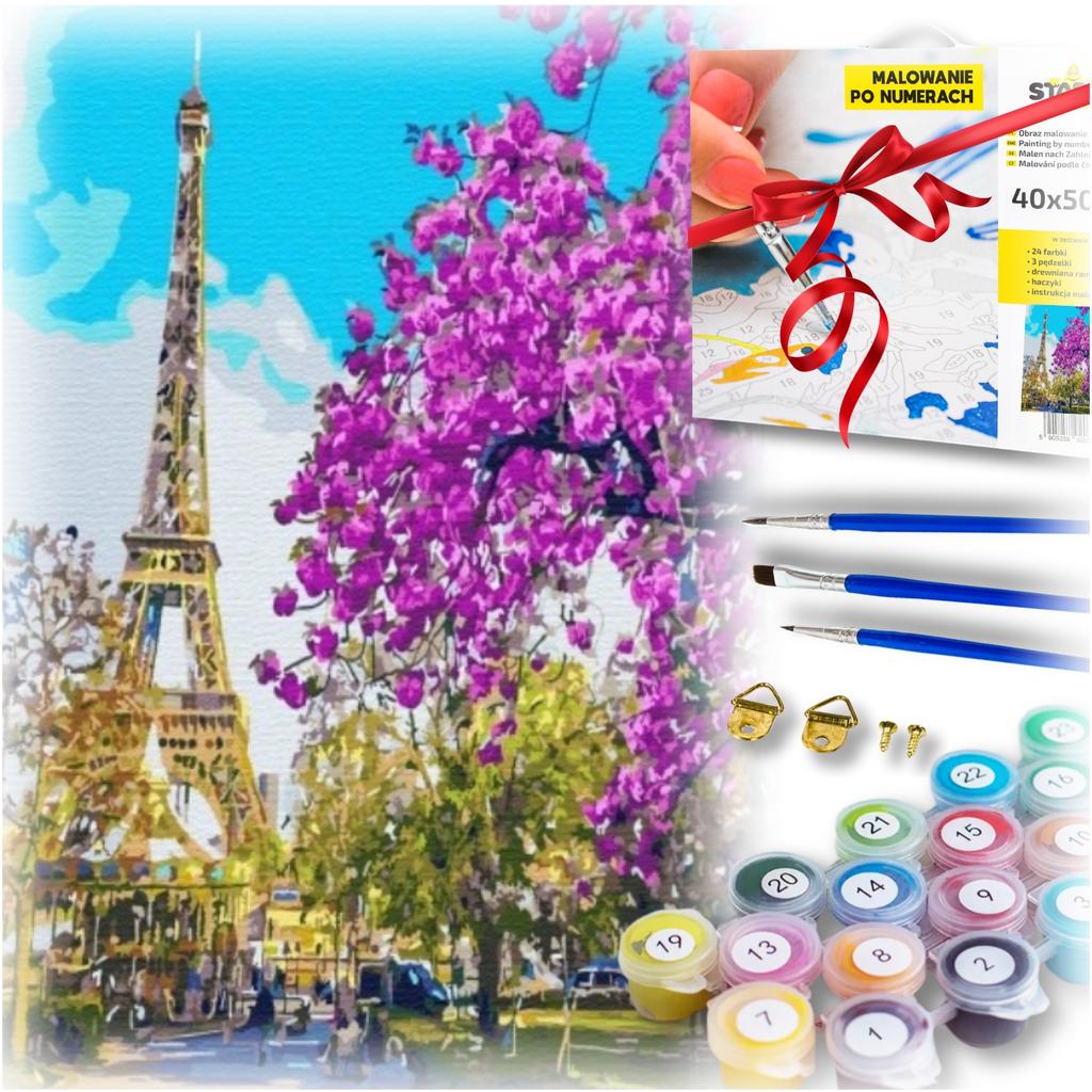Paint by number kit with frame, artistic brushes, eiffel tree