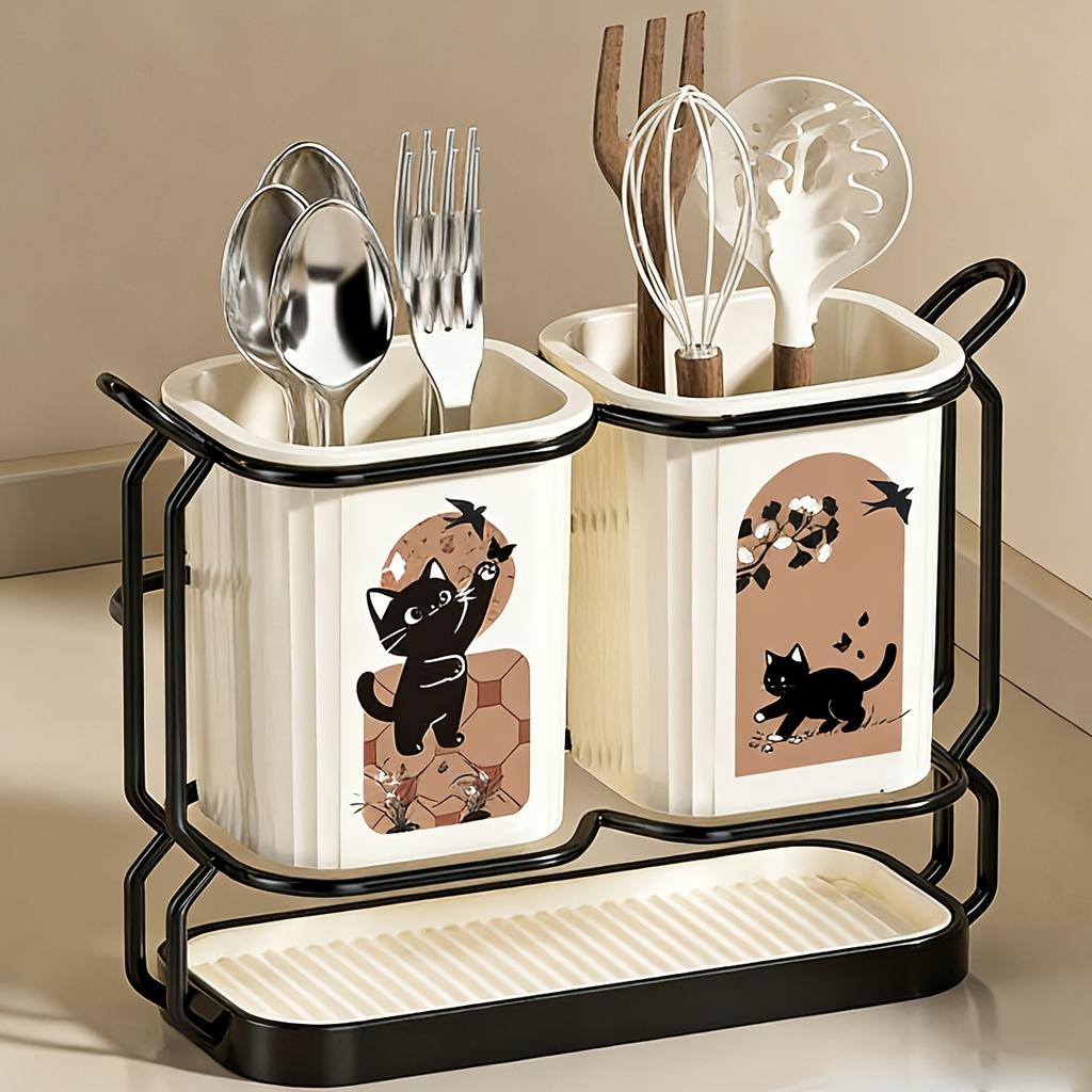 Carbon Steel Kitchen Rack Cat Pattern Counter Storage Detachable Drip Tray Holder Knive Chopsticks Spoons Cooking Daily Utensils