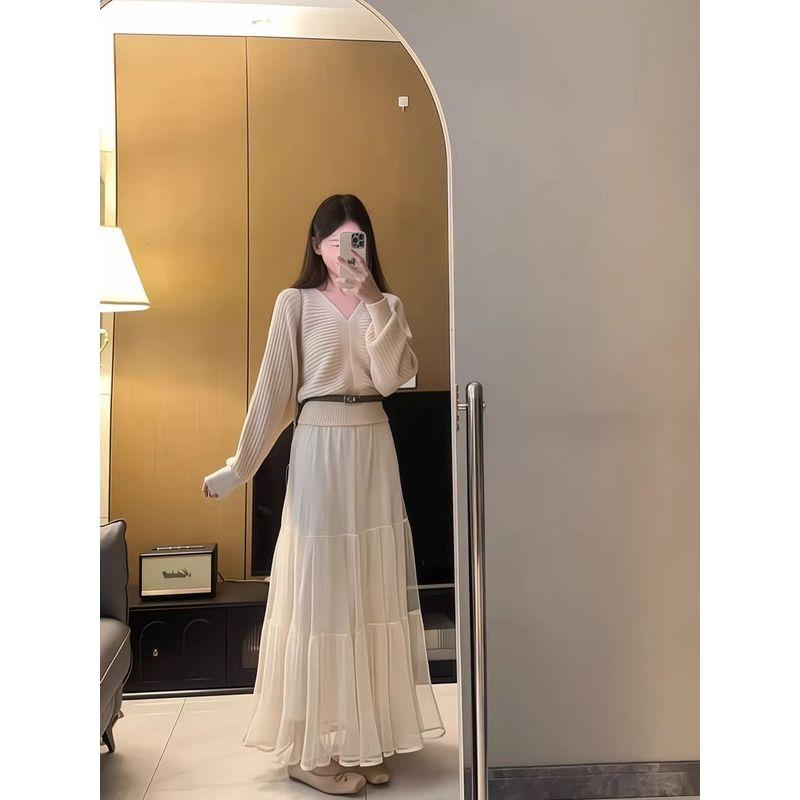 Kumikumi Fashion Suit Elegant Anti-Aging Long Sleeves Knitwear Female Fall High Waist All-Match Tutu Two-piece Set