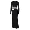 Women European Style Solid Color Lace Spliced Long Sleeve Hollow Out Halter Bodycon Long Dress