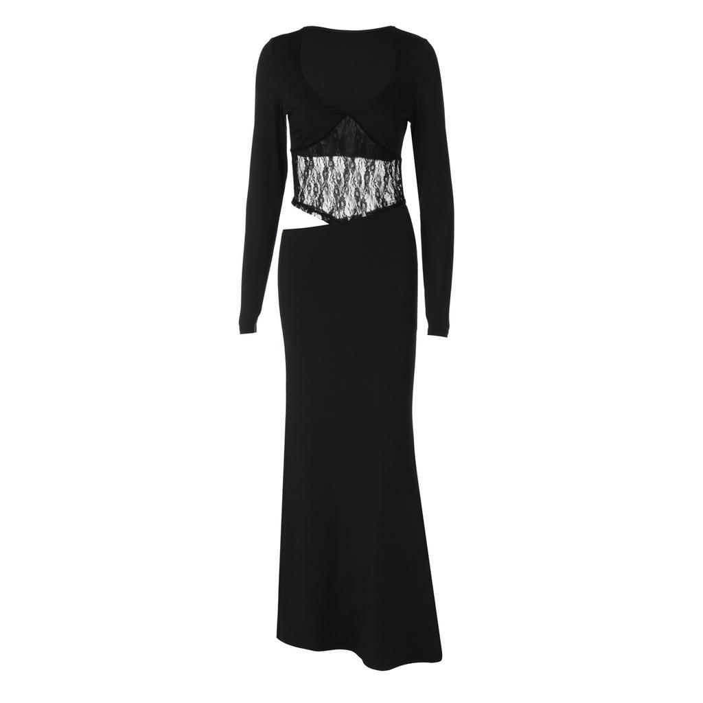 Women European Style Solid Color Lace Spliced Long Sleeve Hollow Out Halter Bodycon Long Dress