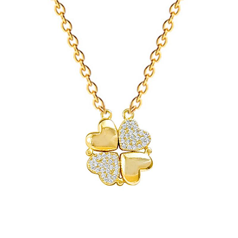 Necklace Women'S New Model, A Two-Wear Heart-To-Heart Open And Closed Four-Leaf Flower Full Diamond Versatile Clavicle Chain Titanium Steel