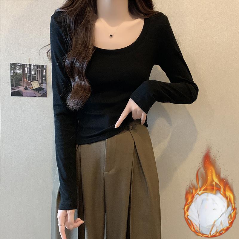 Tricou retro cu decolteu jos, pe umărul drept, cu mâneci lungi pentru femei la începutul toamnei, design nou, cu talie înaltă, slim, scurt, top cu strat interior