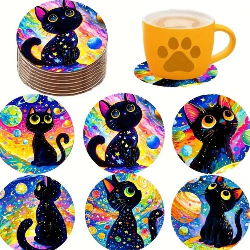 6 Pcs Cat Wooden Coasters Devil's Eye Heat Resistant Coasters Puppy Design Mats Kitchen Set