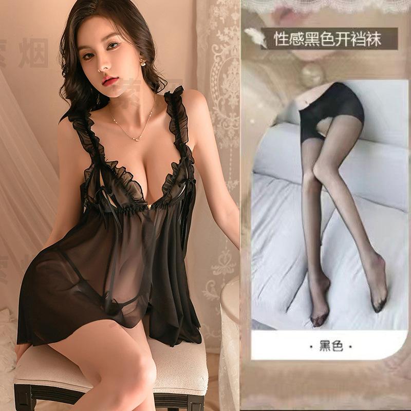 Sexy underwear sexy pajamas female seduction chest split hollow suspender perspective nightdress