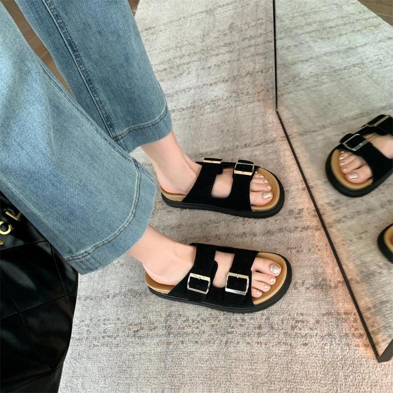 Taoffen Brand Genuine Cow Leather Sandals Flat Women Roma Sandals Closed Toe Vintage Sandals T Strap Comfortable Flats Slippers