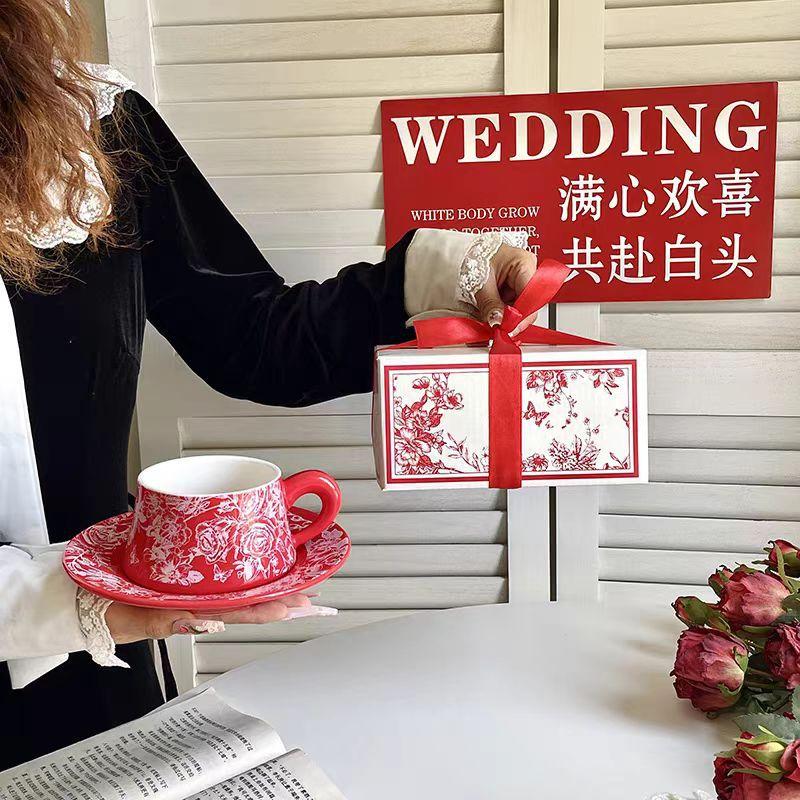 Festive Red Rose Cups And Saucers, Wedding Gifts, High-End Souvenir Sets For The Newlyweds, High-End And Exquisite Gifts For Girlfriends