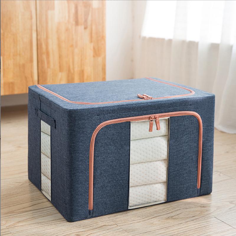 Waterproof Cotton & Linen Storage Box with Steel Frame - Foldable, Moisture-Proof, Large Capacity, Fabric Quilt Bag with Cover