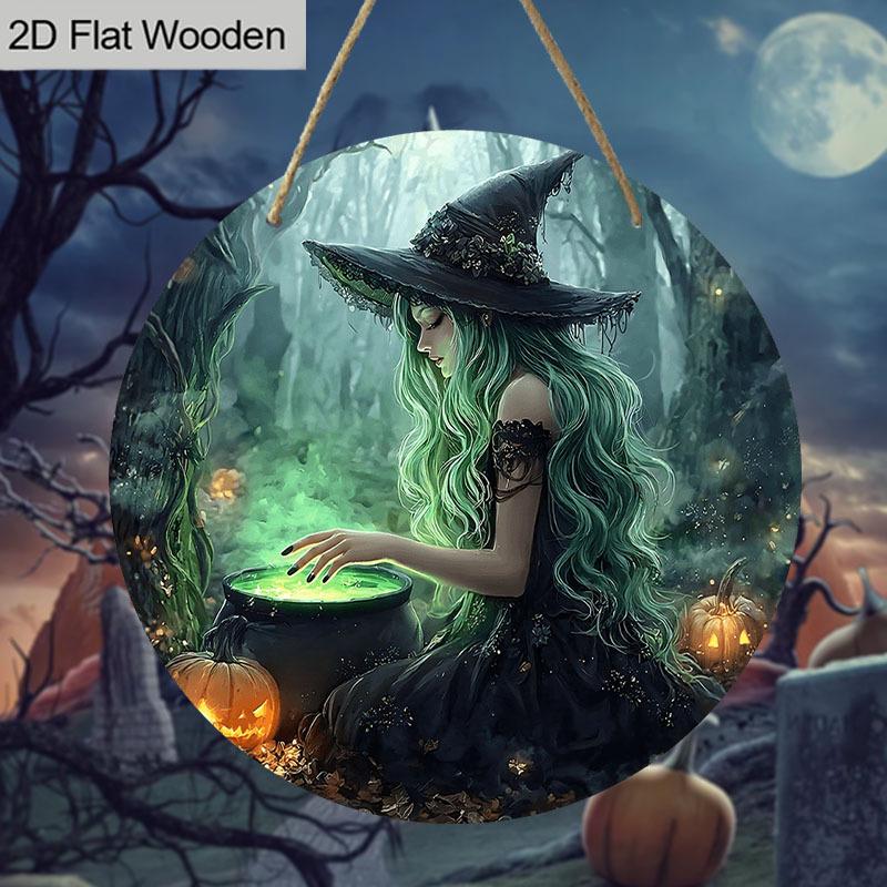 2D Flaches 1-teiliges Halloween-Dekoschild aus Holz, Schönes Hexenmuster-Design, Wandbehang-Dekor, Ideales festliches Halloween-Geschenk