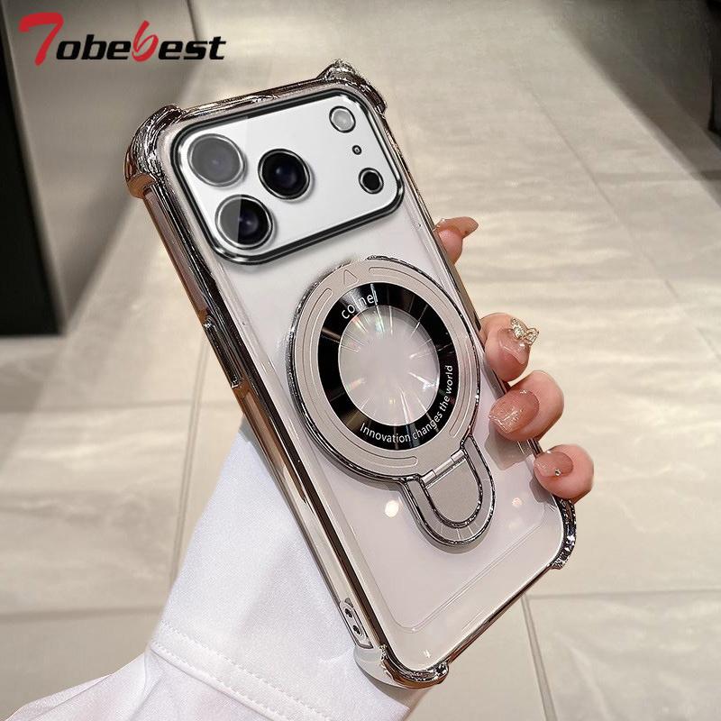 Clear Shockproof Plating Magnetic Magsafe Bracket Case For Iphone 17 Air 16 16E 15 14 Plus13 12 11 Pro XS Max XR Silicone Cover