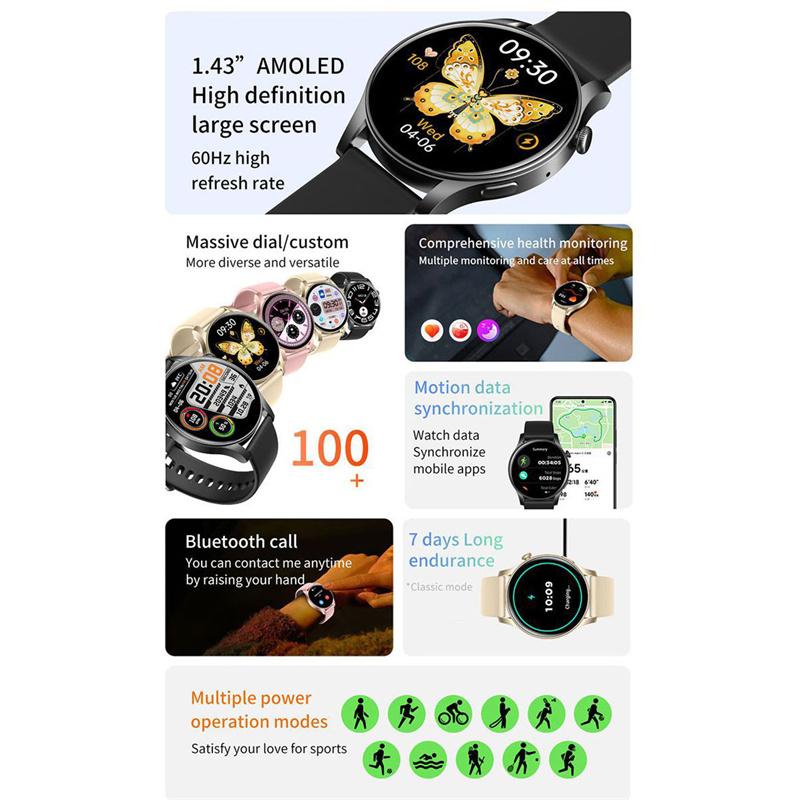 Mode Neues Multifunktions-Bluetooth-Sportarmband Smart Herzfrequenz AMOLED1.43" Blutsauerstoff Gesundheitsuhr Männer Frauen Sportarmband