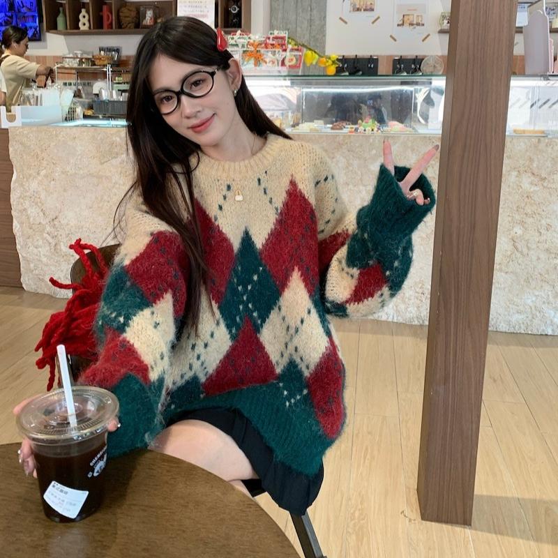 Autumn and Winter Vintage Print Pullovers Christmas Sweaters Women Fashion Loose O Neck Knitted Sweater Women Elegant Warm Casual Ladies Jumpers 25509