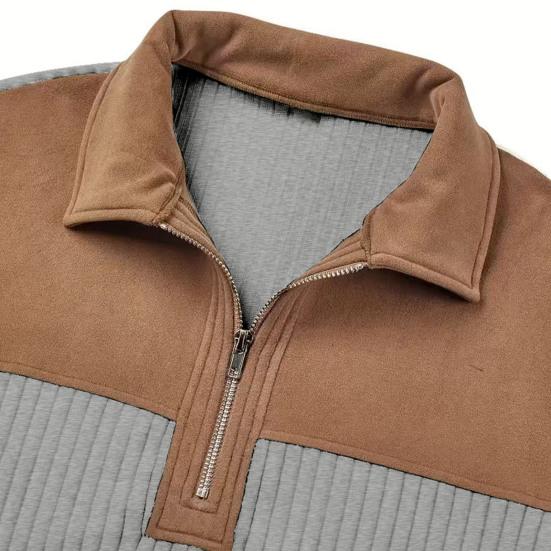 Herr Quarter Zip Tröja Långärmad Nedvikbar Krage Pullover Färgblock Jacquard Sweatshirt med Armbågslappar för Street Daglig Användning