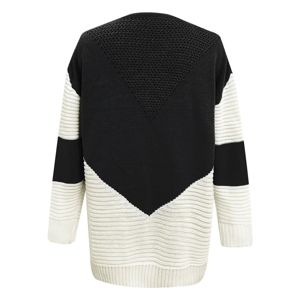 Women's Temperament Loose Round Neck Stitching Knitted Long-sleeved Sweater