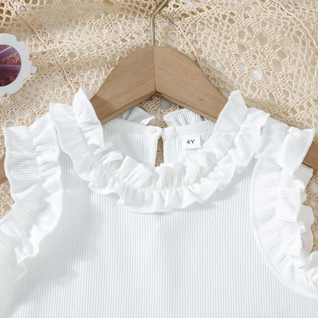 Baby Girls 2-Piece Outfit, Ribbed Ruffle Neck Top and Embellished Denim Shorts