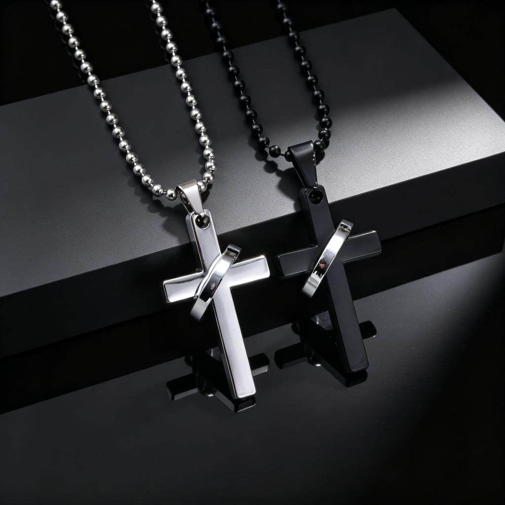 Cross Necklace for Men, Non Fading Stainless Steel Cross With Round Ring Pendant Necklace 70cm Beads Chain, Hip Hop Punk Jewelry