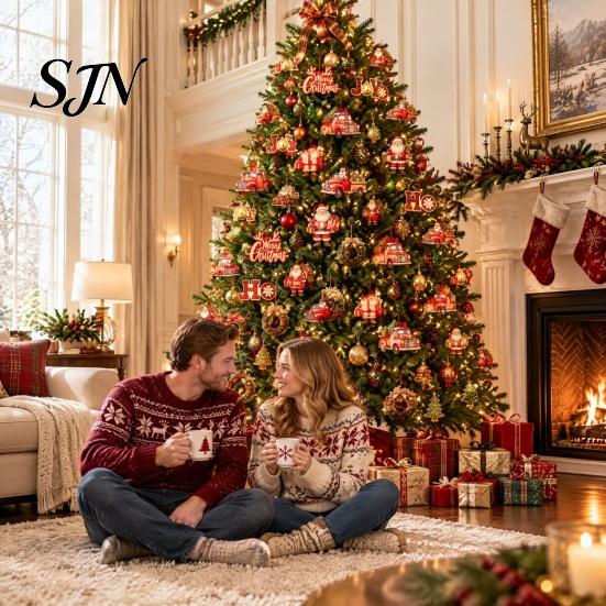 Creative Party Tree Accents 12/24/36Pcs Christmas Wooden Ornaments, Santa Claus Red Truck Hanging Decorations with Rope, Festive Home Xmas Pendant,