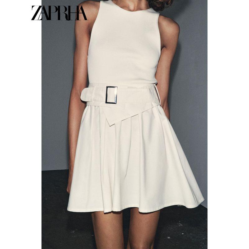 Zaprha 2025 Autumn New French style With Belt Twill Patchwork round Neck Sleeveless Short Dress 0264452