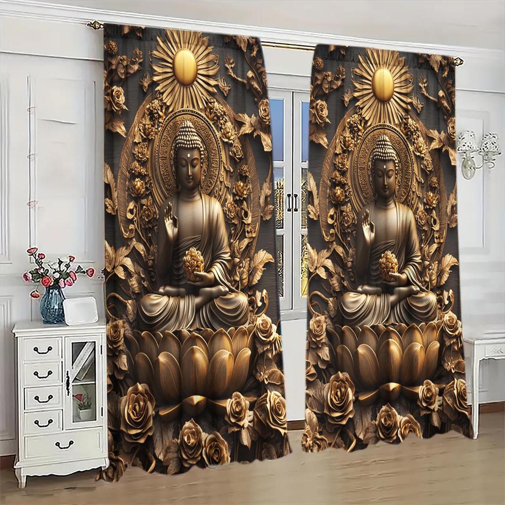 2 Panels Buddha Wood Carving Pattern Window Curtains - Heat-insulating   Suitable for Decorating Curtains In Various Rooms