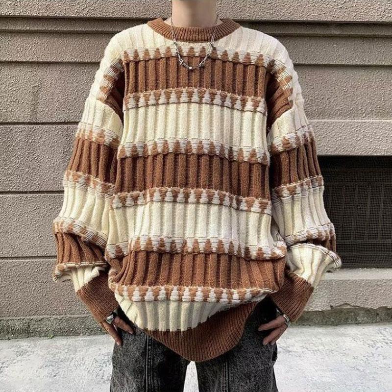 Young Style Contrasting Colors Knitted Pullovers Autumn Winter American Striped Men's Clothing Round Neck Loose Casual Sweaters