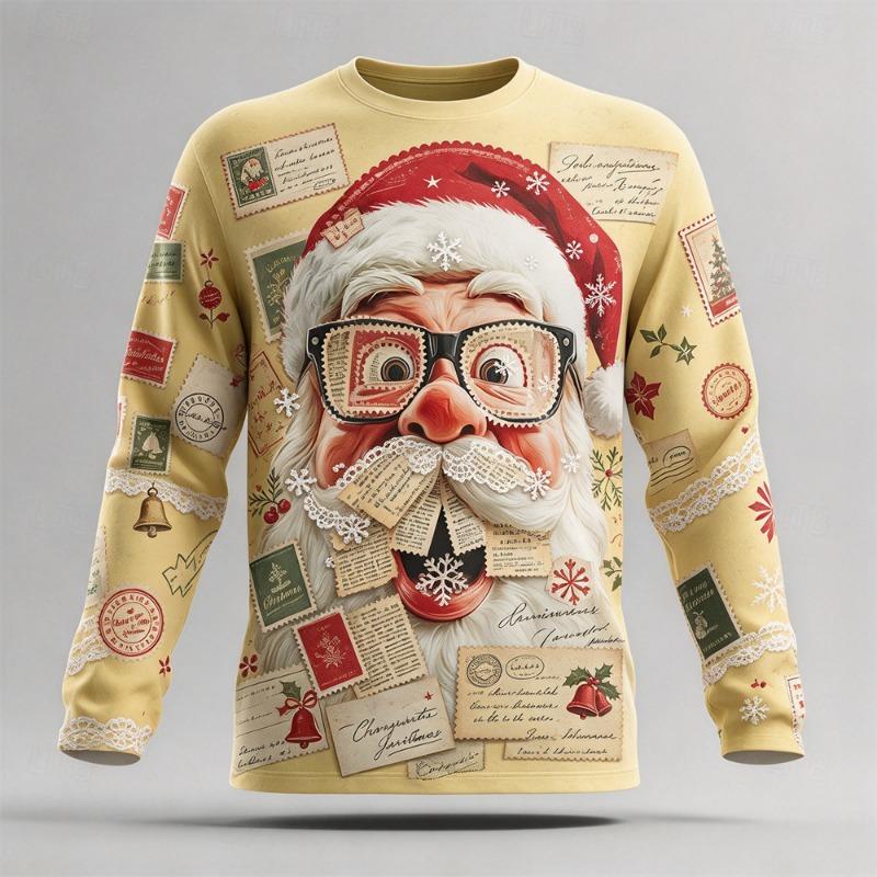 Ugly Christmas Men Long Sleeve T-shirts Santa Claus Cotton Comfortable Casual Tops Winter Xmas Party Outfit Holiday Gift For Men