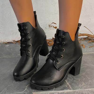Sexy Schnür-Absatz-Stiefeletten Damen Herbstmode Schwarz Runde Zehe Chelsea Boots Klobige Plateau Damenstiefel