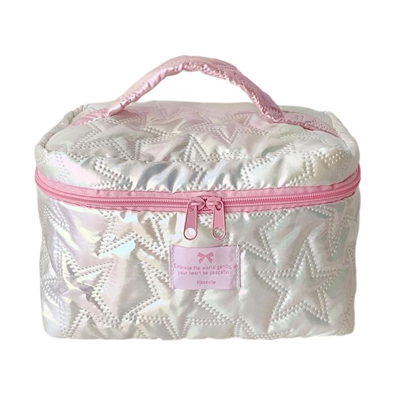 

Portable Makeup Bag For Girl Spacious Cosmetic Organizers Fabric Travel Toiletry Case Handheld Storage Compartments білий