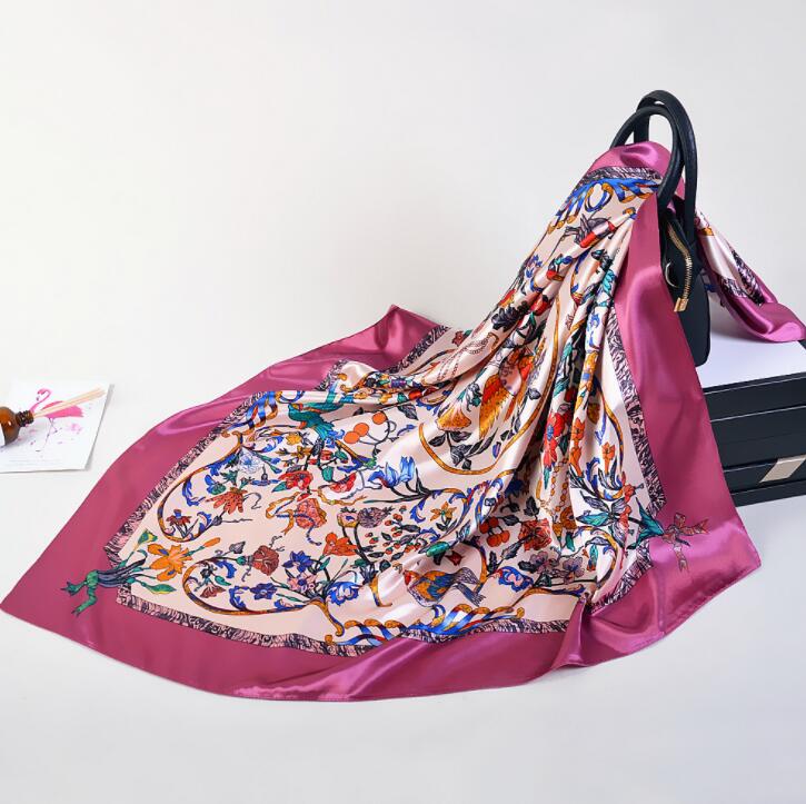 Modischer Seidenschal Damen Blumenmuster Satin Kopf Hijab Schals Luxus Foulard Farben Quadratische Schals Strandtücher 90X90cm