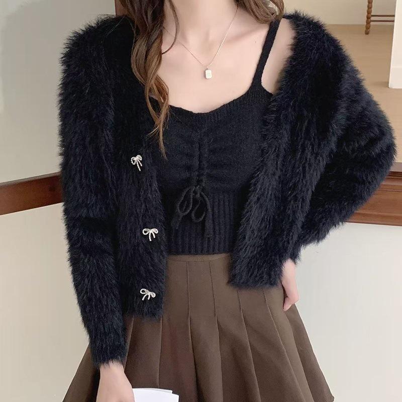 Women's Faux Mink Velvet Sweater & Cardigan Set with Bow Button - Autumn/Winter Japanese Style.