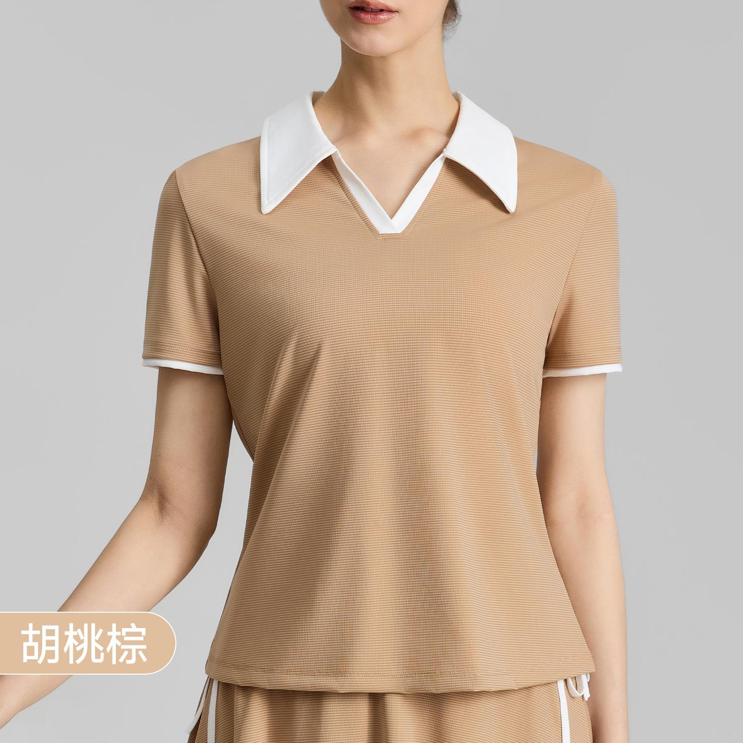 Polo lapel contrasting sports t-shirt women s summer nude yoga short sleeves loose outer fitness wear S