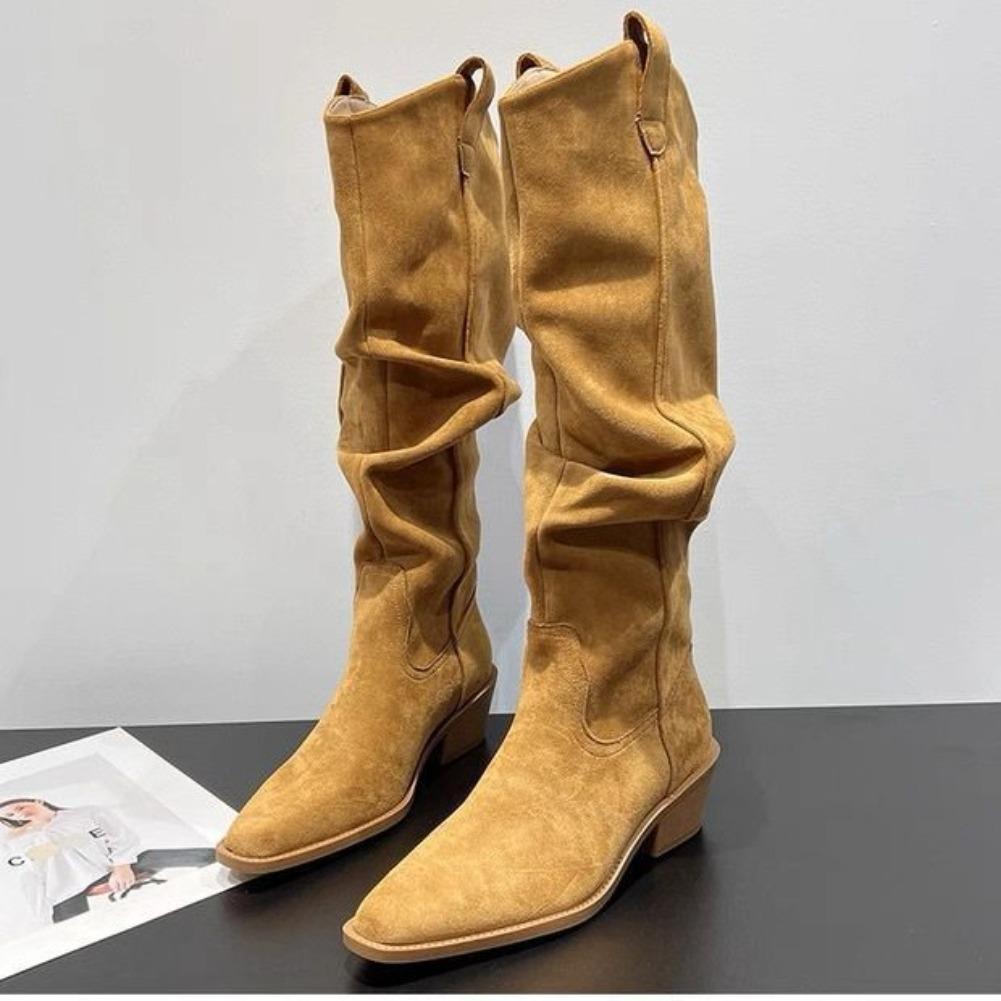 Fashion High Boots for Women Suede Pointed Toe Designer Shoes Mid Heels Fashion Pumps 2025 Winter New Chelsea Boots Femme Zapatillas