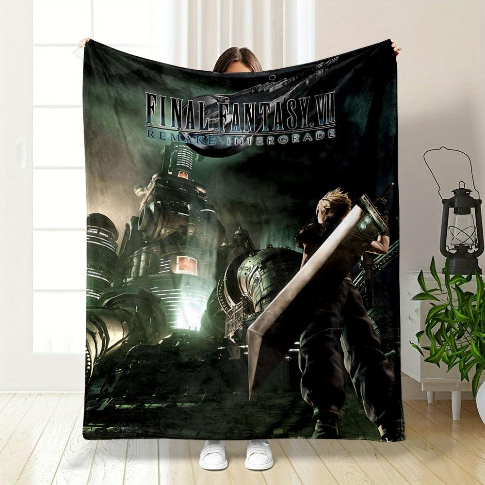 A figure with a large sword stands before a glowing industrial cityscape. for all seasons blanket lunch break throw gift