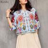Women Ethnic Floral Print Casual Round Neck 3/4 Sleeve Loose Blouse