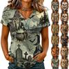 Women's Casual V-Neck T-Shirt with Halloween Print