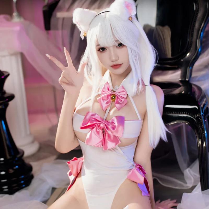 Sexy Lingerie Cat Girl Three-Point Uniform Roleplay Charming Perspective Jumpsuit Passion Cosplay Devil Hollow Bodysuit with Headwear Stockings