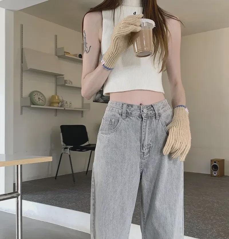 Women's High-Waist Light Gray Wide-Leg Retro Jeans
