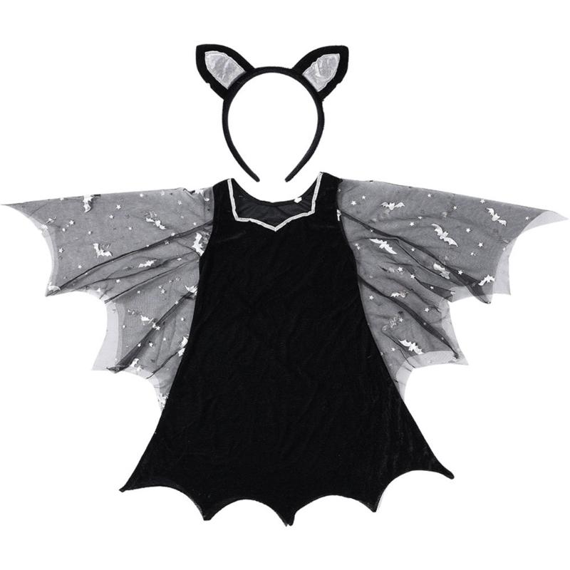 2Pcs Kids Girls Bat Witch Costume Halloween Cosplay Fancy Dressing Up Accessories with Bat Wing Dress Bat Ears Headband 1