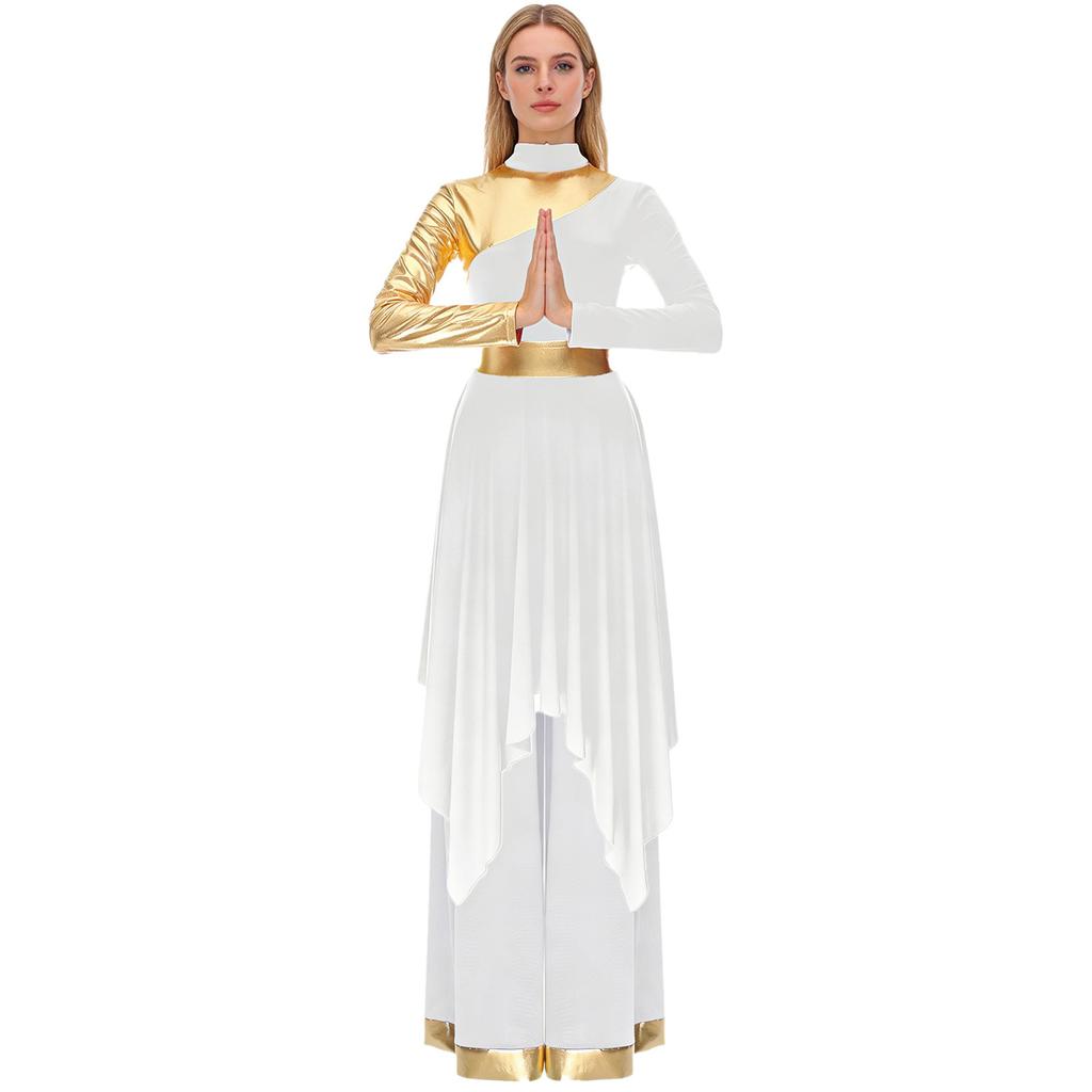 S-XXL Womens Worship Praise Dance Costume Long Sleeve Asymmetrical Hem Dress and Wide Leg Pants Contrast Color Dancewear Outfits