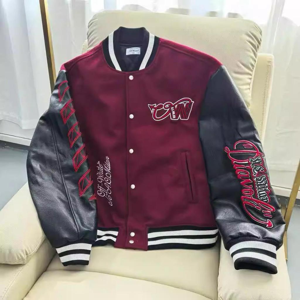 OFF25SS Trendy White & Red Leather Embroidery Baseball Jacket for Couples - Men's & Women's Short Style