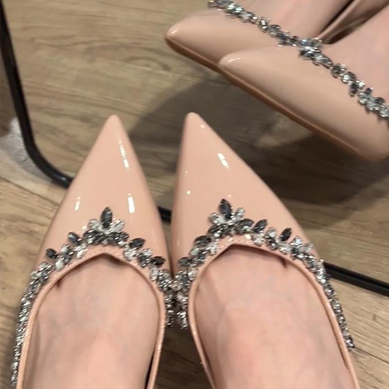 Autumn/Winter 2025 Black Patent Leather Pointed-Toe Rhinestone Stiletto Heels for Bridesmaids and Socialites
