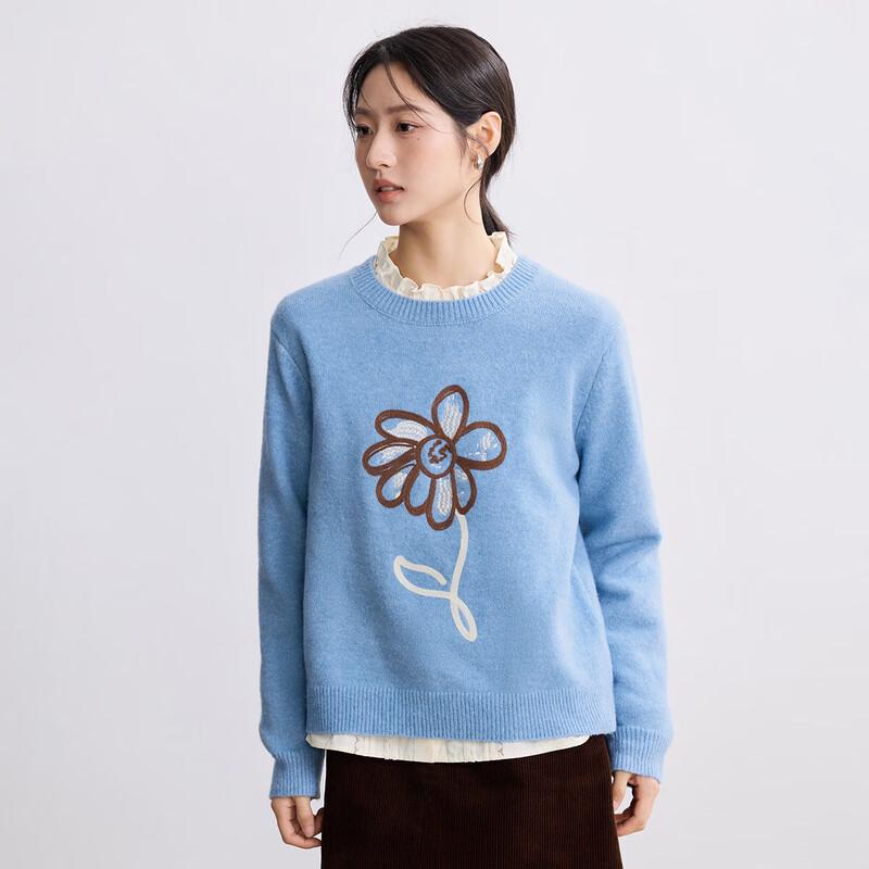 INMAN Women's Wool Blend Floral Pullover Sweater
