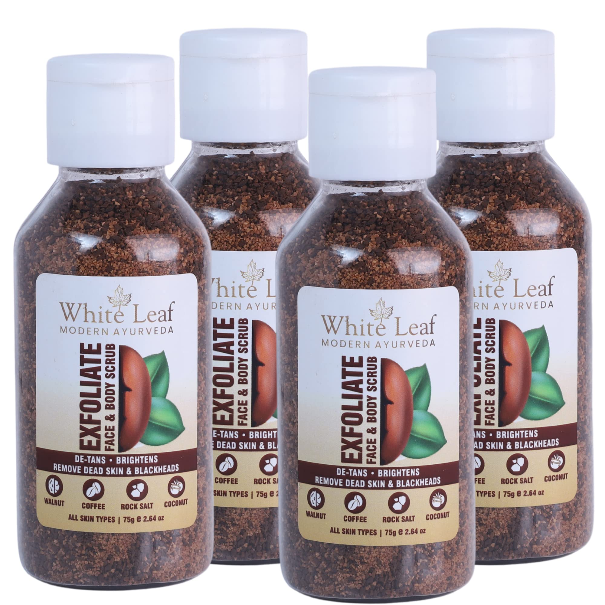 

White Leaf Exfoliate Walnut Scrub 75g(Pack Of 4) For Face & Body With Coffee & Coconut For Dead Skin Cells & Tan Removal, Blackheads, Dirt & Poll