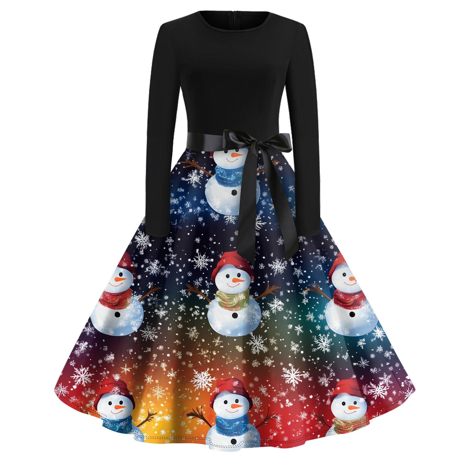 

Женское винтажное классическое платье с длинным рукавом и рождественским принтом, свободное платье с круглым вырезом XXXL