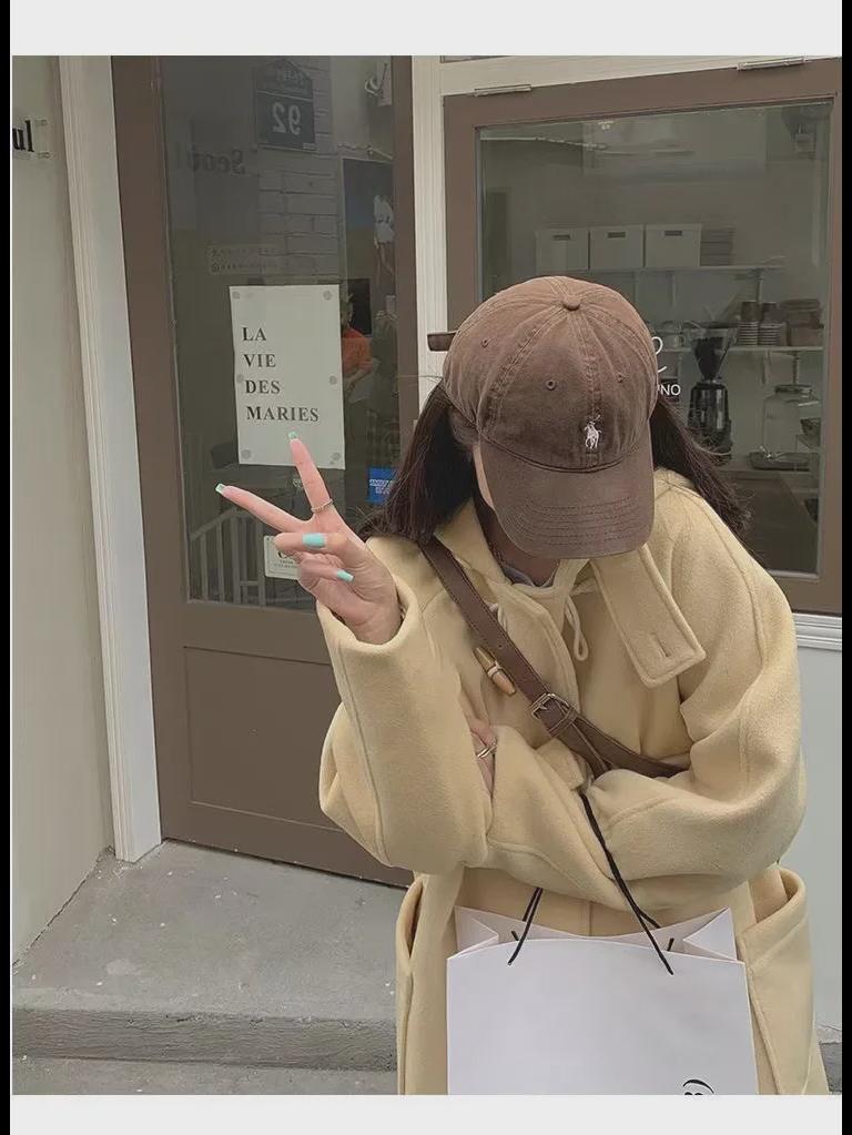 2023 Women's Mid-Length Hooded Wool Coat with Horn Buttons - Trendy Autumn/Winter Fashion