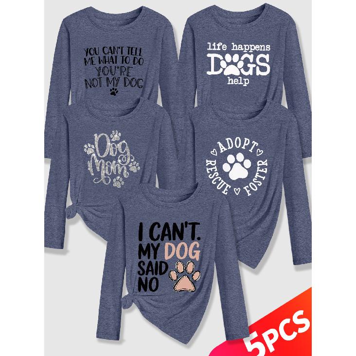 Lele Orientation Five-piece women's long-sleeve set Paw print canine-themed fun English phrases with a healing retro print Spring, Summer, Autumn