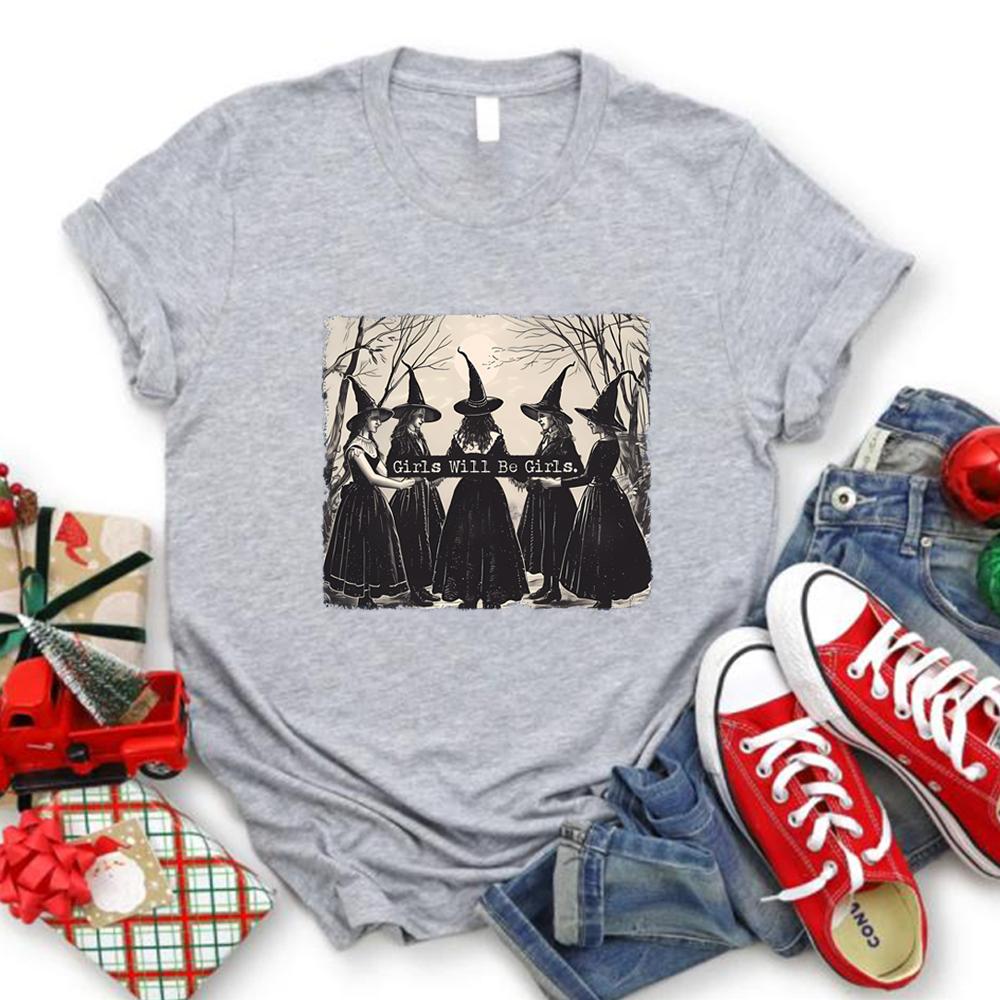Vintage Girls Will Be Girls Witch Shirt Funny Witch Shirts Tees Halloween Women Clothes Witchy Vibes Graphic T Shirts
