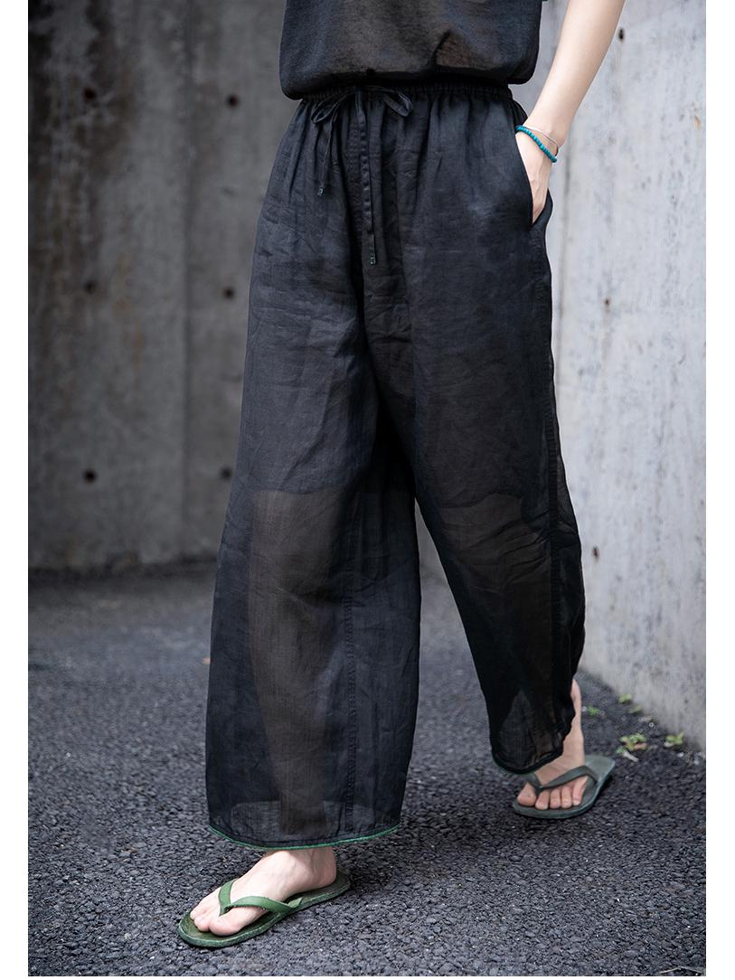 

Lightweight Retro Ramie Pants - Elastic Waist, Solid Color, Loose Fit, Cuffed Hem Large