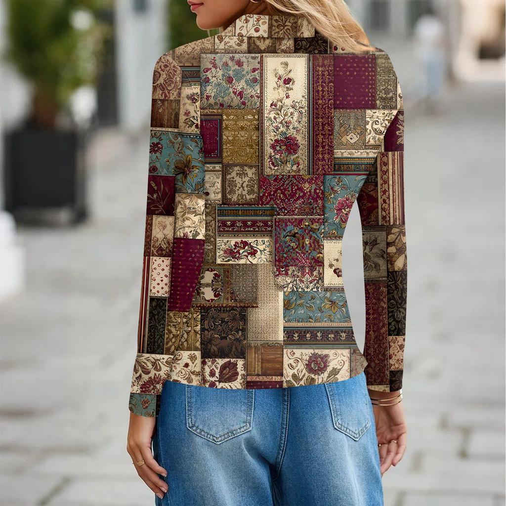 Women's Fashion Casual Lapel Short Long Sleeve Print Shirt Women's Button Up Tops