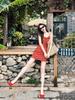 French retro red floral suspender dress for women's summer new small waist and thin short skirt