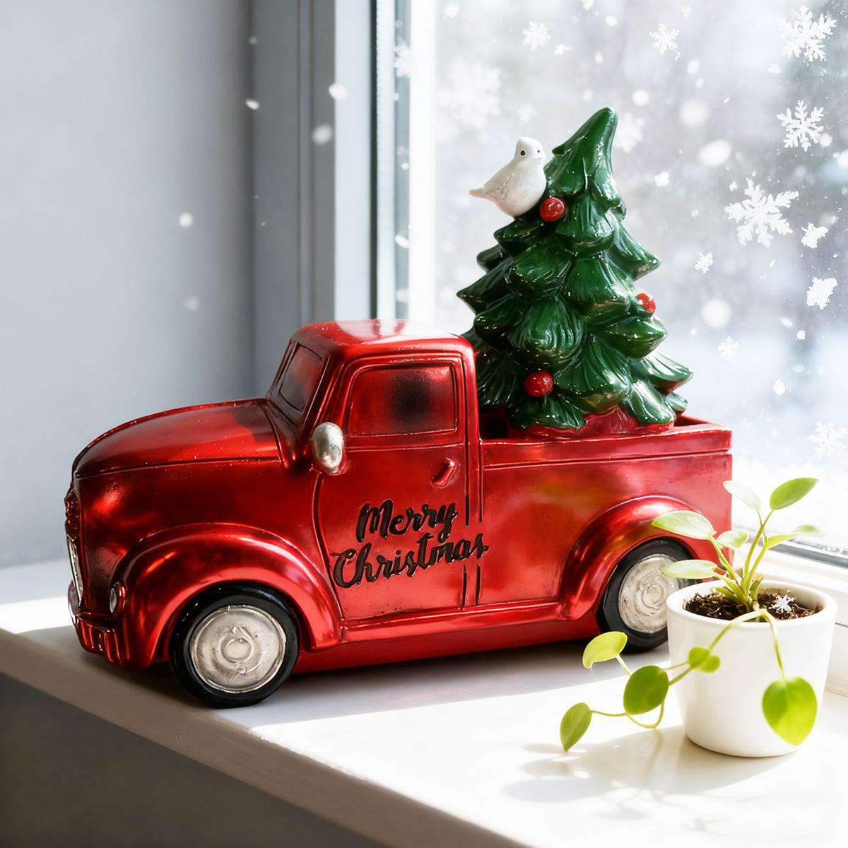 

1 шт. Декоративное украшение из смолы, Пикап в винтажном стиле, везущий рождественскую елку, Забавное праздничное украшение для дома и офиса, Настольное, Декор для подоконника